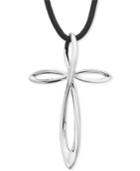 Nambe Black Leather Openwork Cross Pendant Necklace In Sterling Silver, Only At Macy's