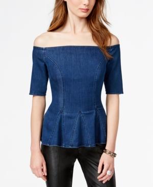 Guess Off-the-shoulder Denim Peplum Top
