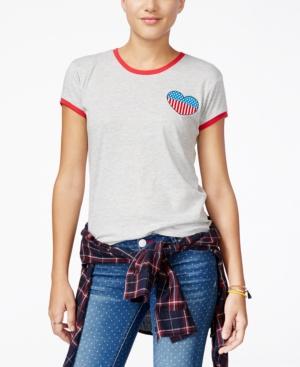 Mighty Fine Juniors' Heart Patch Graphic Ringer Tee