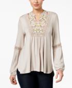 Style & Co Embroidered Crochet-trim Peasant Top, Created For Macy's