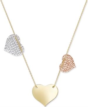 Tri-tone Triple Heart Necklace In 10k White, Rose And Yellow Gold