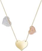Tri-tone Triple Heart Necklace In 10k White, Rose And Yellow Gold
