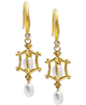 Freshwater Pearl (4mm) & Diamond And White Topaz Accent Drop Earrings In 18k Gold-plated Sterling Silver