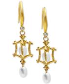 Freshwater Pearl (4mm) & Diamond And White Topaz Accent Drop Earrings In 18k Gold-plated Sterling Silver