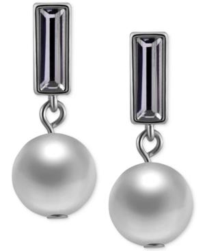 T Tahari Hematite-tone Crystal And Faux Pearl Drop Earrings