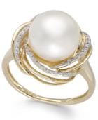 Cultured Freshwater Pearl (10mm) And Diamond (1/10 Ct. T.w.) Swirl Ring In 14k Gold