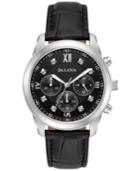 Bulova Men's Chronograph Diamond Accent Black Leather Strap Watch 40mm 96d134