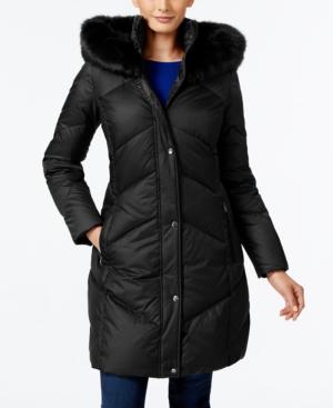 Larry Levine Faux-fur-trim Chevron-quilted Down Coat
