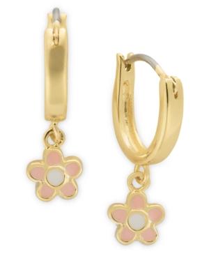 Lily Nily Children's 18k Gold Over Sterling Silver Earrings, Pink Enamel Flower Drop Hoop Earrings