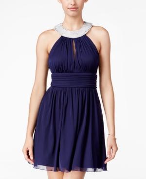 Speechless Juniors' Embellished Halter Fit & Flare Dress