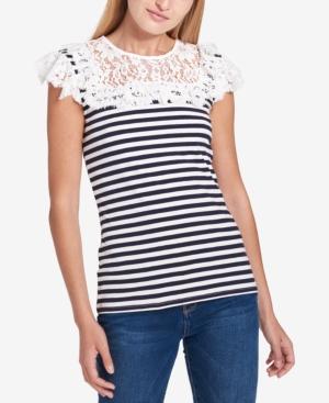 Tommy Hilfiger Striped Lace-ruffle Top, Created For Macy's