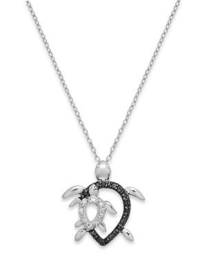 Black And White Diamond Accent Mother And Child Turtle Pendant Necklace In Sterling Silver (1/10 Ct. T.w.)