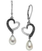 Sterling Silver Earrings, Cultured Freshwater Pearl (6mm) And Black And White Diamond (1/3 Ct. T.w.) Heart Drop Earrings