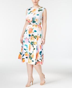 Calvin Klein Plus Size Belted Floral-print Midi Dress