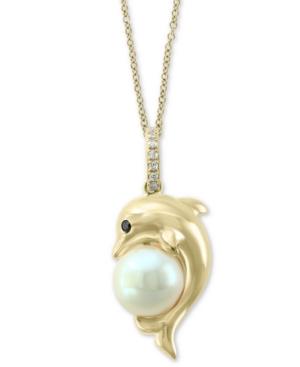 Effy Cultured Freshwater Pearl (7-1/2mm) & Diamond Accent Dolphin 18 Pendant Necklace In 14k Gold