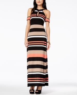 Emerald Sundae Juniors' Striped Cold-shoulder Maxi Dress