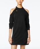 Planet Gold Juniors' Ripped Raw-edge Cold-shoulder Sweatshirt Dress