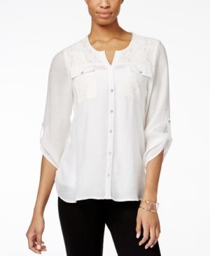 Ny Collection Utility Split-neck Roll-tab Shirt
