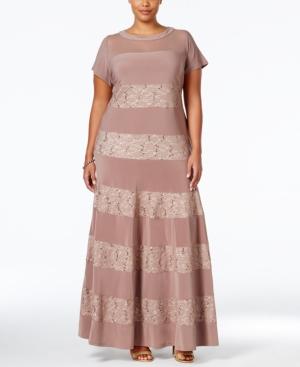 R & M Richards Plus Size Sequined Lace Striped Gown
