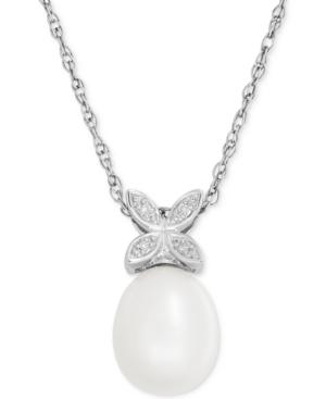 Cultured Freshwater Pearl (10 X 8 Mm) And Diamond Accent Butterfly Pendant Necklace In Sterling Silver