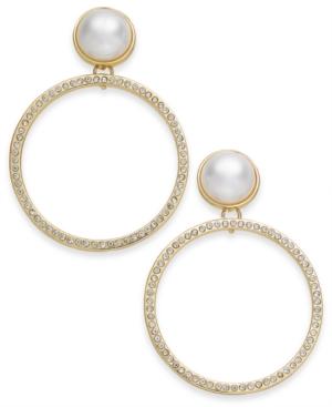 I.n.c. Gold-tone Pave & Imitation Pearl Drop Hoop Earrings, Created For Macy's