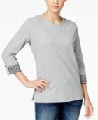 Karen Scott Striped-cuff Crew-neck Top, Only At Macy's