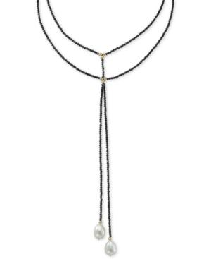 Cultured Freshwater Pearl (10mm) & Black Spinel Double Row Choker Lariat Necklace In 14k Gold