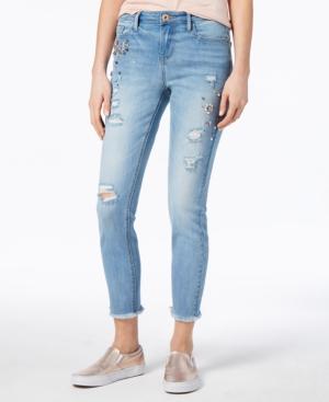 Vanilla Star Juniors' Ripped Embellished Skinny Jeans