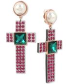 Betsey Johnson Two-tone Pink Pave, Green Stone & Imitation Pearl Cross Clip-on Drop Earrings