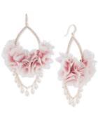 Carolee Gold-tone Pave & Imitation Pearl Pink Fabric Flower Drop Earrings