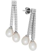 Arabella Cultured Freshwater Pearl (7mm) And Swarovski Zirconia Drop Earrings In Sterling Silver