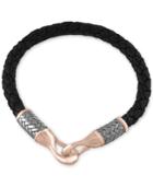 Effy Men's Woven Black Leather Bracelet In Sterling Silver And 18k Rose Gold-plated Sterling Silver