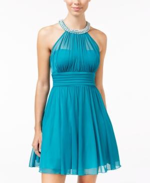 Speechless Juniors' Embellished Ruched Fit & Flare Dress