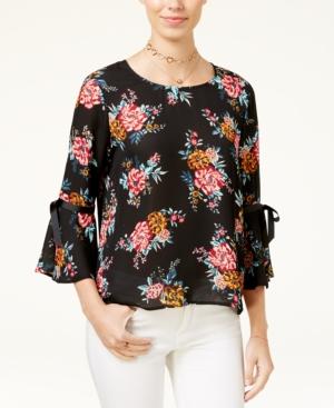 Lily Black Juniors' Floral-print Bell-sleeve Top, Created For Macy's