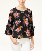 Lily Black Juniors' Floral-print Bell-sleeve Top, Created For Macy's