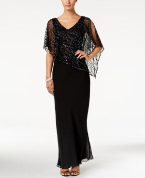 J Kara Beaded V-neck Illusion-overlay Gown