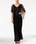 J Kara Beaded V-neck Illusion-overlay Gown