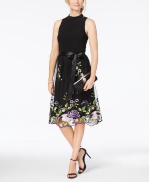 Sl Fashions Belted Embroidered Mock-neck Dress