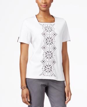 Alfred Dunner Petite Embroidered Roll-tab-sleeve Top