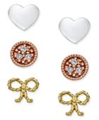 Giani Bernini Tri-tone 3-pc. Set Stud Earrings In Sterling Silver, Gold-plated Sterling Silver And Rose Gold-plated Sterling Silver, Only At Macy's