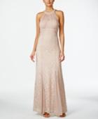 Nightway Metallic Lace Halter Gown