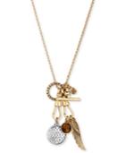 Lucky Brand Two-tone Wing, Disc And Stone Charm Pendant Necklace