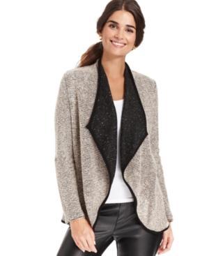 Ny Collection Petite Sweater, Open Front Cardi With Faux Leather Trim