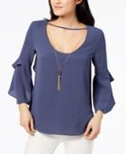 Bcx Juniors' Ruffle-sleeved Envelope-back Top With Necklace