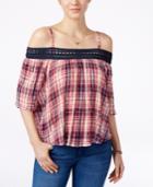Bcx Juniors' Printed Crochet-trim Off-the-shoulder Peasant Top