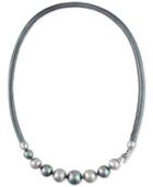 Majorica Silver-tone Gray Imitation Pearl Leather Collar Necklace