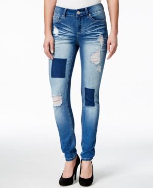 Indigo Rein Juniors' Ripped Patchwork Medium Wash Skinny Jeans