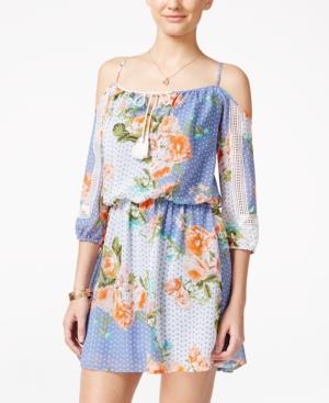 City Studios Juniors' Floral-print Cold-shoulder Dress