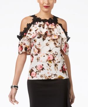 Thalia Sodi Printed Lace-trim Flounce Top, Created For Macy's