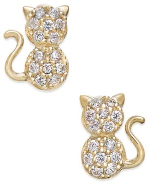 Cubic Zirconia Kitty Cat Stud Earrings In 10k Gold
